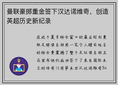 曼联豪掷重金签下汉达诺维奇，创造英超历史新纪录